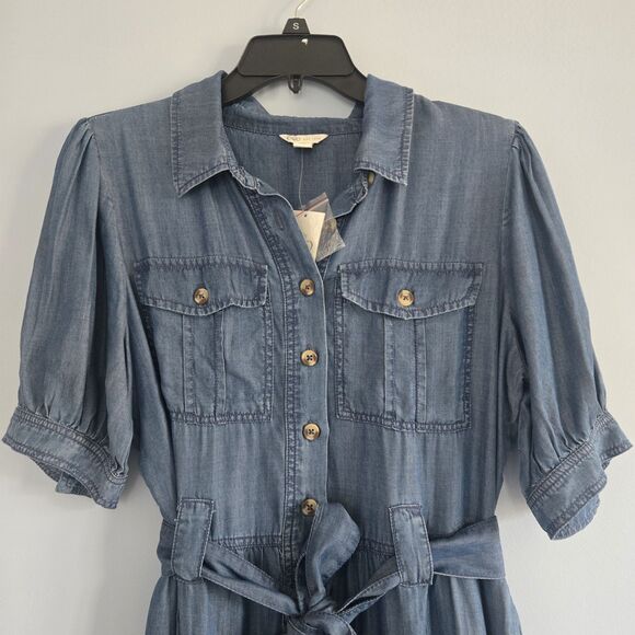 NWT Cato Midi Dress with Belt & Pockets Size M Tiered Skirt chambray-denim-look - Picture 2 of 10